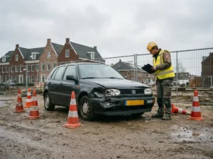Beschadigde auto met verkreukelde voorbumper op Nederlandse bouwplaats, bouwvakker in hesje onderzoekt schade
