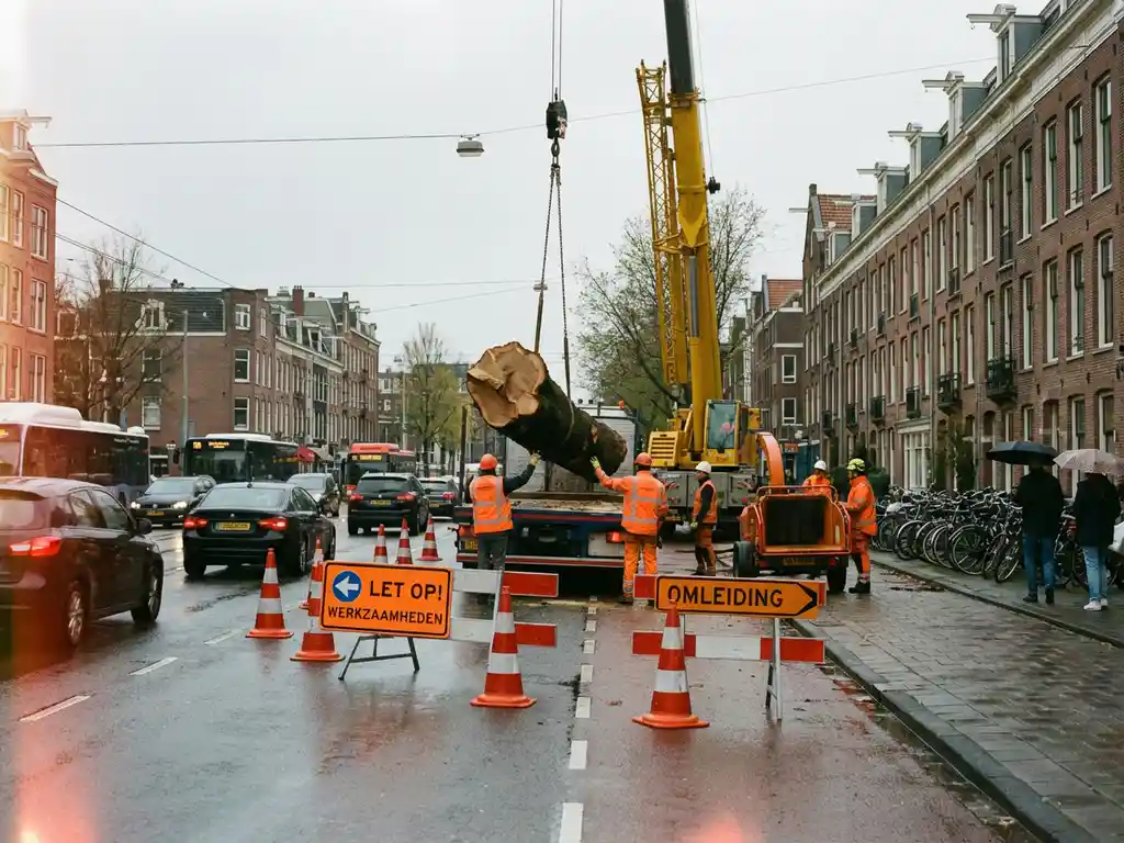 Boomverwijderingsteam met kraan verwijdert boom langs Nederlandse straat, oranje verkeerskegels en werknemers in hesjes