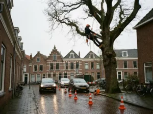 Boomchirurg werkt hoog in eikenboom met veiligheidsuitrusting, oranje kegels op natte weg, Nederlandse woonstraat