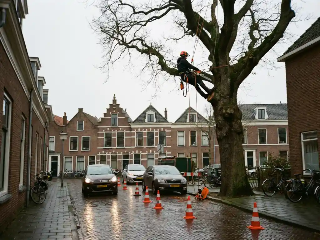 Boomchirurg werkt hoog in eikenboom met veiligheidsuitrusting, oranje kegels op natte weg, Nederlandse woonstraat