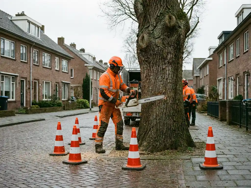 Boomverzorger in oranje veiligheidskleding zaagt eikenboom met kettingzaag op Nederlandse woonstraat met verkeerskegels