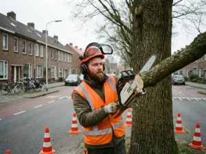 Boomverzorger in oranje veiligheidsvest gebruikt kettingzaag op wegboom, verkeerskegels rond werkgebied, Nederlandse straat