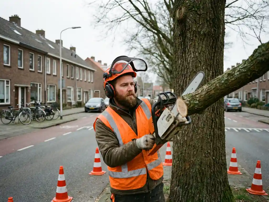 Boomverzorger in oranje veiligheidsvest gebruikt kettingzaag op wegboom, verkeerskegels rond werkgebied, Nederlandse straat