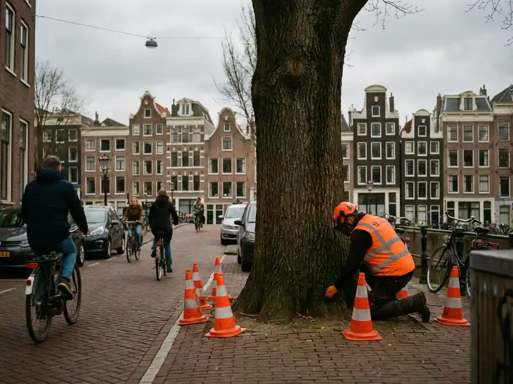 Boomverzorger in oranje veiligheidsvest inspecteert eikenboom langs Nederlandse straat met verkeerskegels en bakstenen huizen