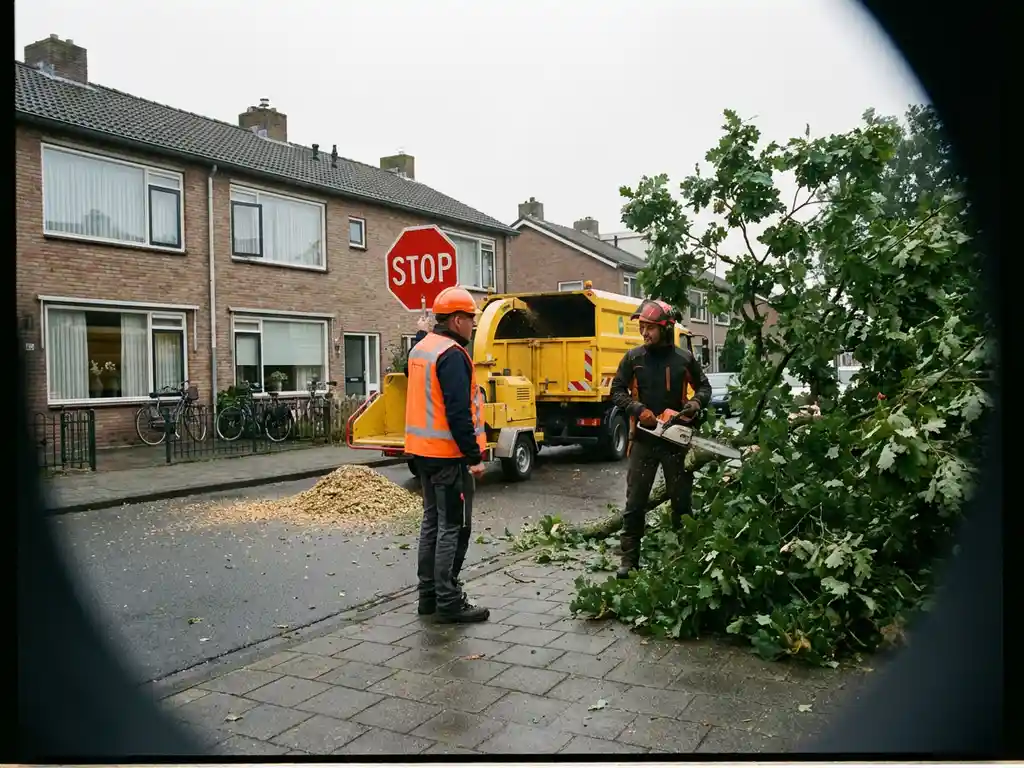 Verkeersregelaar met stopbord en boomspecialist met kettingzaag werken samen aan eikenboom in Nederlandse woonstraat
