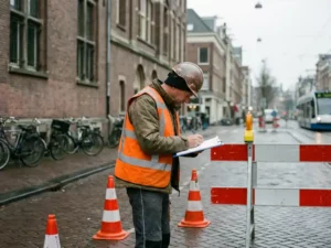 Bouwvakker in oranje vest vult incidentrapport in op klembord naast verkeerskegels op Nederlandse straat