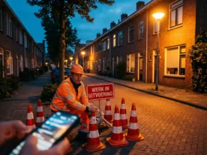 Nederlandse bouwvakker in oranje vest controleert verkeersborden op straat tijdens schemering in woonwijk