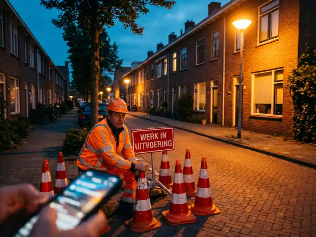 Nederlandse bouwvakker in oranje vest controleert verkeersborden op straat tijdens schemering in woonwijk
