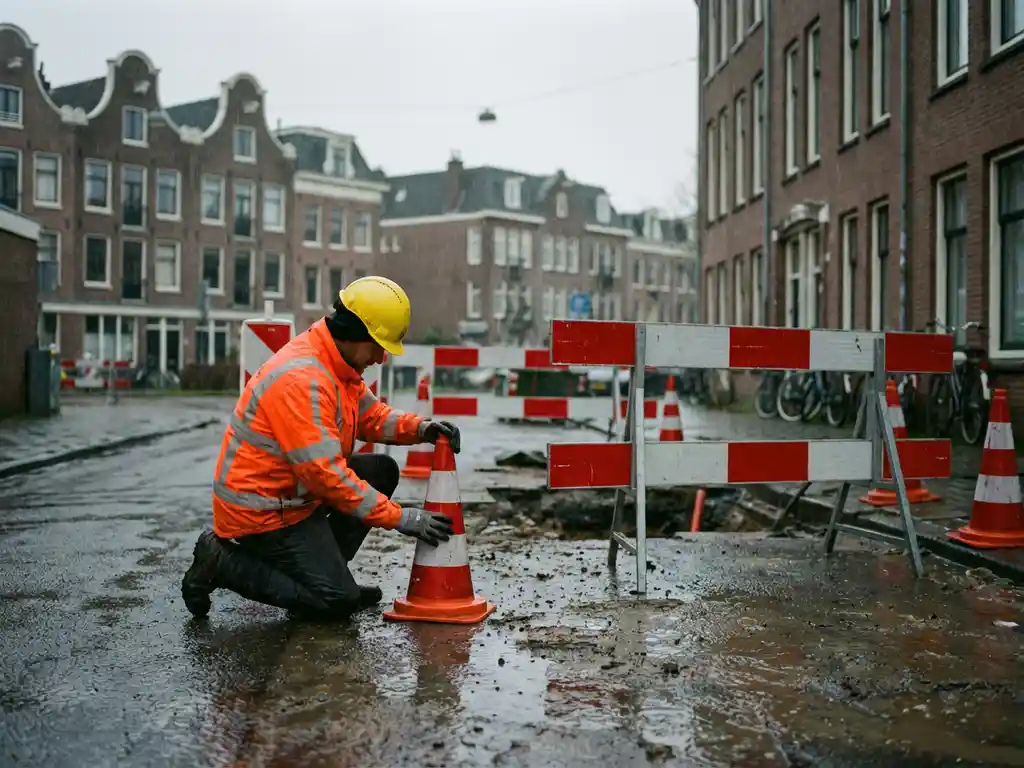 Bouwvakker in oranje veiligheidsvest plaatst verkeerskegels rond bouwplaats bij Nederlandse rijtjeshuizen