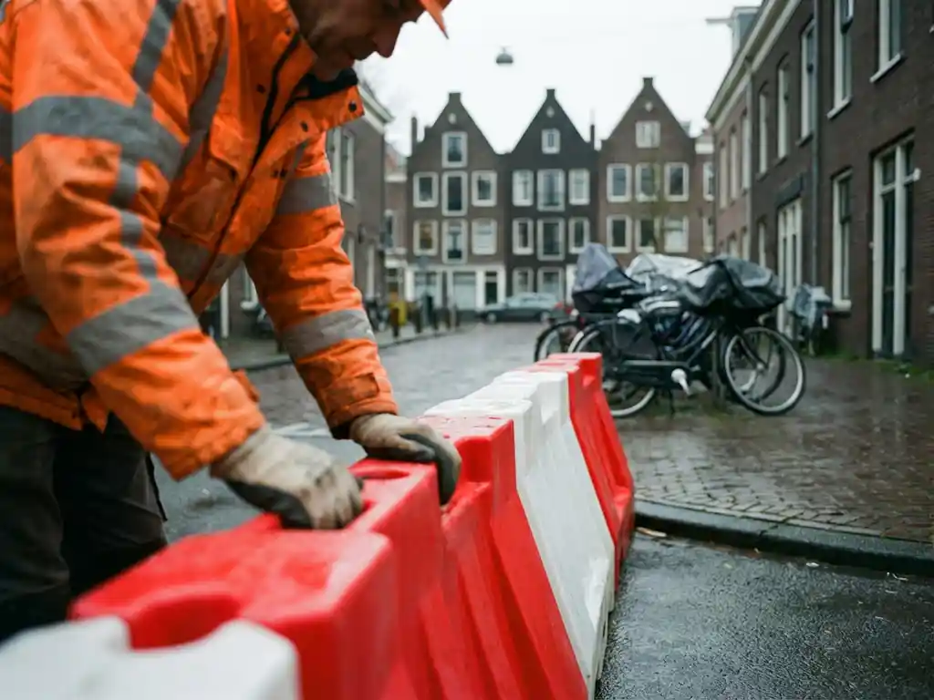 Bouwvakker in oranje veiligheidsvest plaatst rood-witte veiligheidsafzetting op natte Nederlandse straat met fietsen