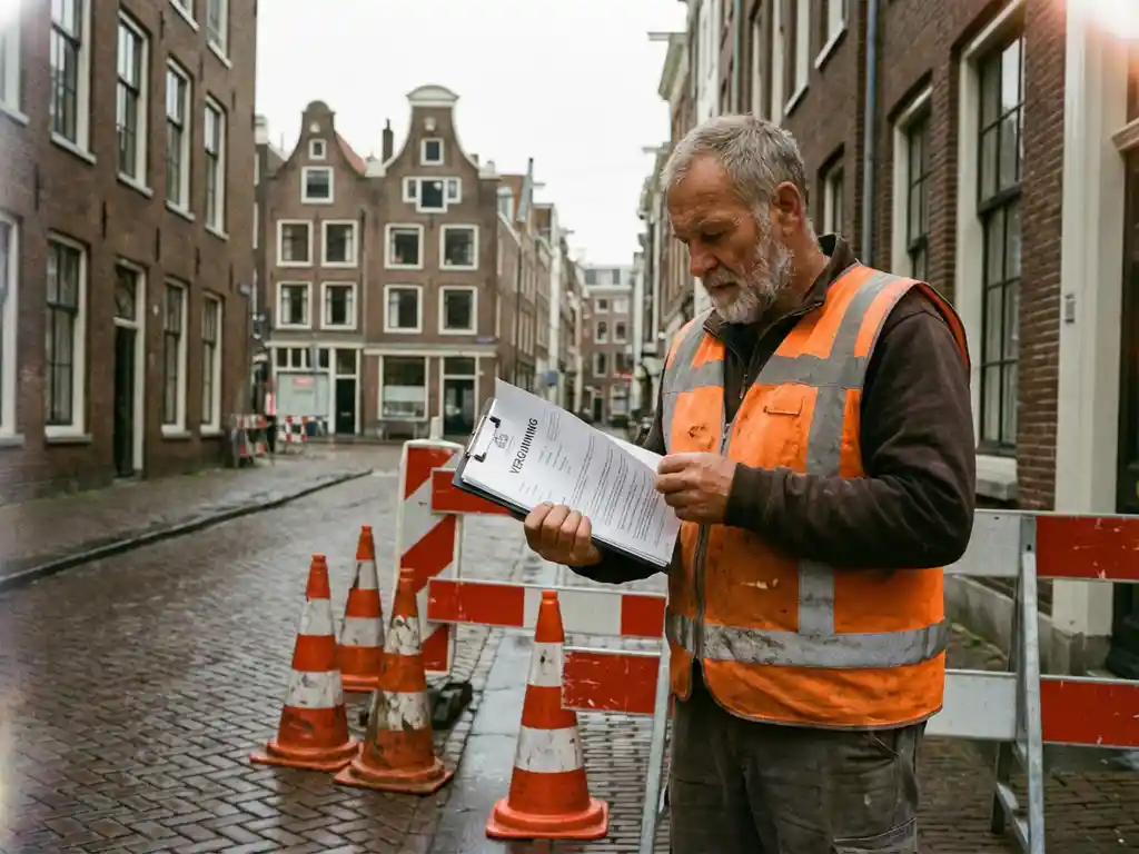 Nederlandse bouwvakker in oranje hesje bestudeert vergunningsdocumenten bij wegwerkzaamheden in historische straat