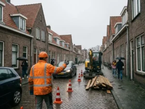Bouwvakker in oranje vest dirigeert verkeer met handsignalen op smalle Nederlandse straat met traditionele bakstenen huizen