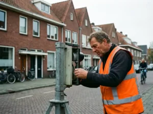 Bouwvakker in oranje hesje stelt tijdelijk verkeerslicht in op Nederlandse woonstraat met rode bakstenen huizen