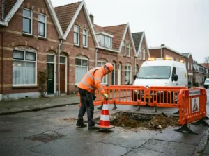 Bouwvakker in oranje veiligheidsvest plaatst verkeerskegels rond graafwerk op Nederlandse woonstraat met bakstenen huizen