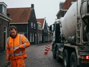 Gefrustreerde bouwvakker in hesje kijkt op horloge bij vertraagde betonmixer op Nederlandse bouwplaats met bakstenen huizen