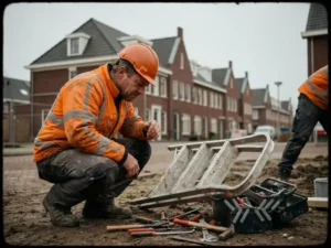 Bouwvakker in oranje veiligheidsvest onderzoekt werkplek ongeval met omgevallen ladder op Nederlandse bouwplaats