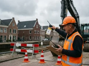 Verkeersregelaar in oranje veiligheidsvest met portofoon op Nederlandse bouwplaats met bakstenen gebouwen op achtergrond