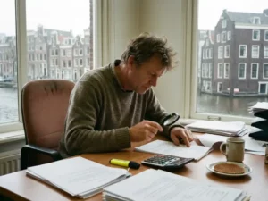 Nederlandse kantoormedewerker analyseert verkeersrapporten aan houten bureau, Amsterdamse grachtenhuizen op achtergrond