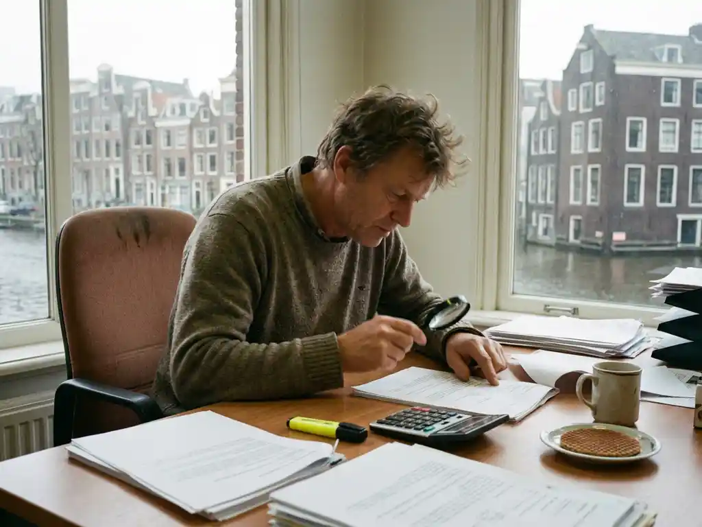 Nederlandse kantoormedewerker analyseert verkeersrapporten aan houten bureau, Amsterdamse grachtenhuizen op achtergrond