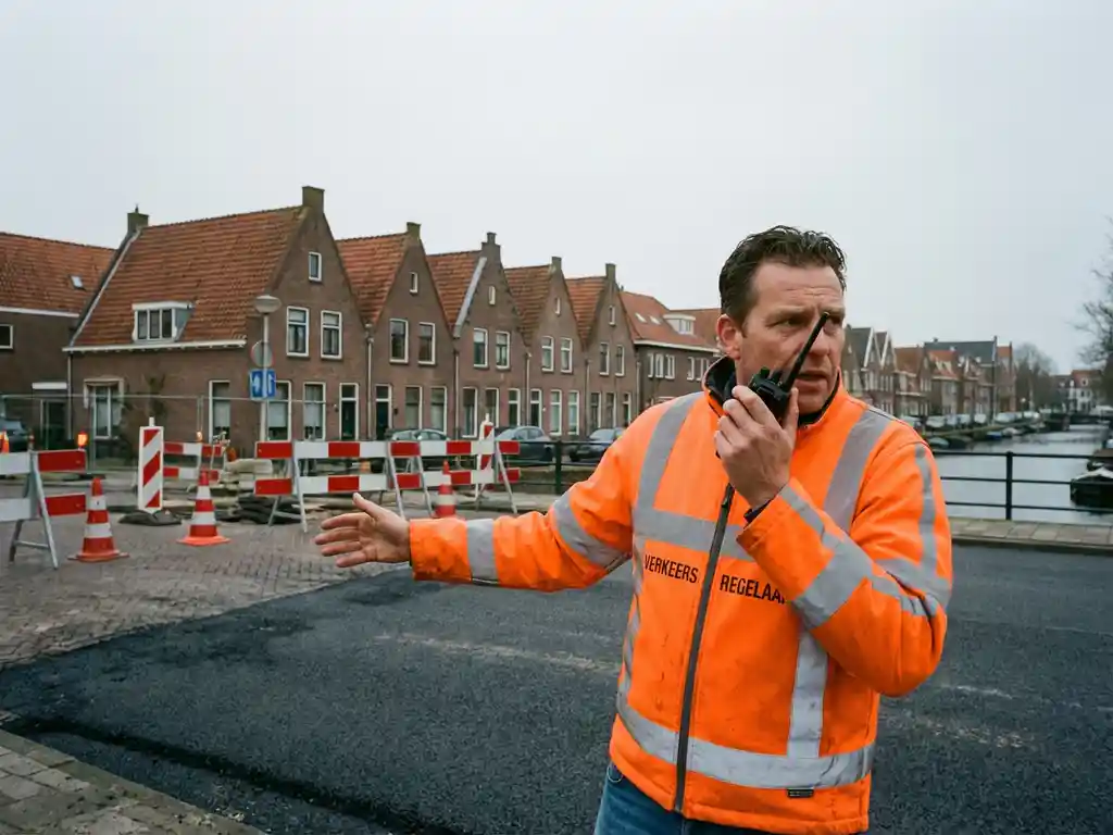 Nederlandse verkeerstechnicus in oranje veiligheidsvest wijst naar vers asfalt op wegwerkzaamheden met walkie-talkie