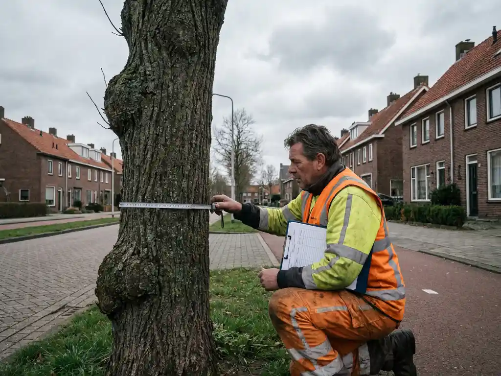 Nederlandse gemeentewerker in hesje meet boom langs de weg met meetlint, Nederlandse woonwijk met bakstenen huizen op achtergrond