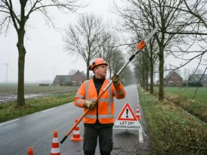 Gemeentewerker in oranje veiligheidsvest inspecteert takken langs Nederlandse provinciale weg met verkeersborden