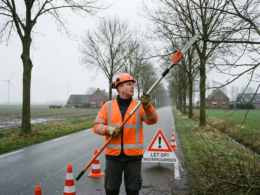 Gemeentewerker in oranje veiligheidsvest inspecteert takken langs Nederlandse provinciale weg met verkeersborden