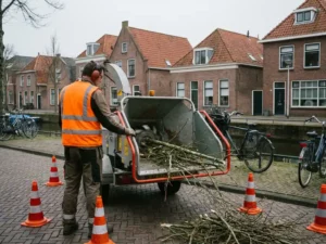 Gemeentewerker in oranje veiligheidsvest bedient houtversnipperaar naast Nederlandse woonstraat met bakstenen huizen