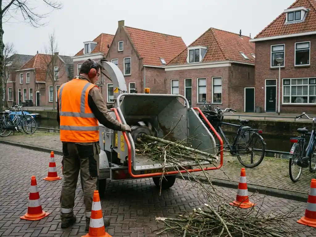 Gemeentewerker in oranje veiligheidsvest bedient houtversnipperaar naast Nederlandse woonstraat met bakstenen huizen