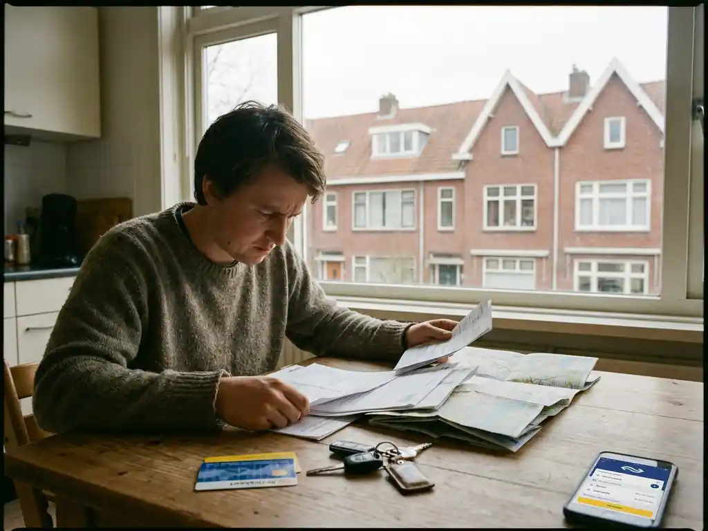 Persoon bekijkt vervoersdocumenten en kaarten aan keukentafel met OV-chipkaart, autosleutels en smartphone met transit-app