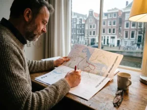Nederlandse gemeenteambtenaar bekijkt verkeersplan met rode pen aan bureau, Nederlandse bakstenen gebouwen op achtergrond