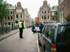 Nederlandse automobilist met verkeersvergunning naast geparkeerde auto op Amsterdamse straat met kasseien