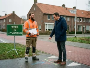 Bouwvakker in oranje vest overlegt met gemeenteambtenaar over vergunningen bij Nederlandse weg met rood fietspad