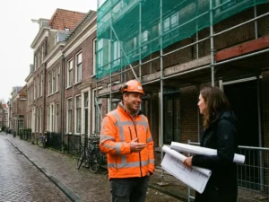 Nederlandse bouwvakker in oranje vest praat met projectmanager bij gerenoveerd bakstenen gebouw met steiger