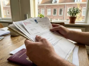 Handen houden stapel Nederlandse officiële documenten en formulieren vast op keukentafel, paspoort gedeeltelijk zichtbaar