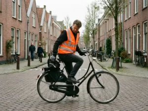 Nederlandse fietser in oranje reflectievest past positie aan op zwarte fiets in woonstraat met bakstenen huizen