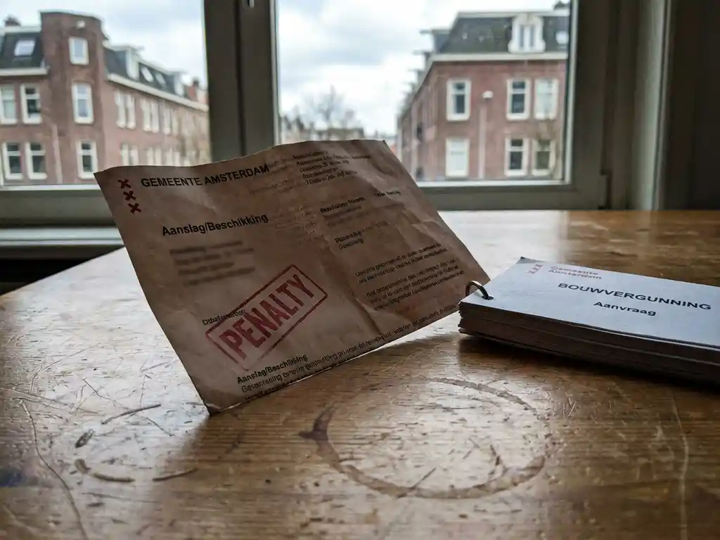 Verfrommelde Nederlandse gemeentelijke boete op houten tafel naast bouwvergunningen met rode stempel, kantoor setting