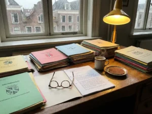 Rommelig houten bureau in Nederlands gemeentehuis met gekleurde vergunningsaanvraag mappen en koffie met stroopwafel