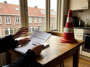 Handen houden Nederlandse gemeentelijke aanvraagformulieren vast op houten keukentafel met Nederlandse rijtjeshuizen op achtergrond