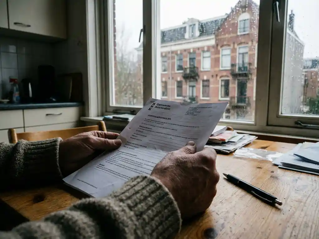 Persoon houdt Nederlandse gemeentelijke formulier vast aan houten keukentafel, rode bakstenen huis zichtbaar door raam