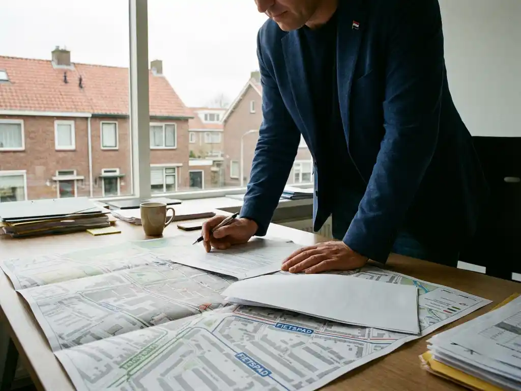 Nederlandse gemeenteambtenaar bekijkt verkeersplannen met fietsroutes aan houten bureau, Nederlandse woonwijk op achtergrond