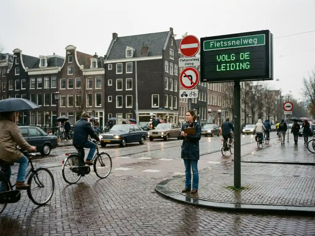 Stadsplanner met klembord observeert drukke Nederlandse kruising met fietsers, voetgangers en traditionele bakstenen gebouwen