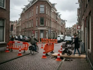 Moeder met kinderwagen en fietser navigeren om oranje verkeersborden bij wegwerkzaamheden op Nederlandse kruising