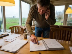 Persoon aan keukentafel met handgeschreven notities en telefoon, wijzend naar vragen op papier in Nederlandse woning