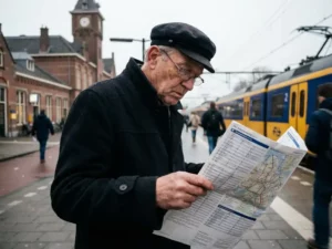 Nederlandse zakenman bestudeert treindienstregeling op NS-perron met rode bakstenen stationsgebouw op achtergrond