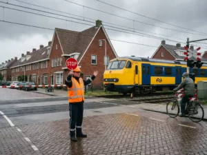 Nederlandse spoorwegmedewerker in oranje veiligheidsvest regelt verkeer bij overweg, NS-trein op achtergrond, fietser wacht