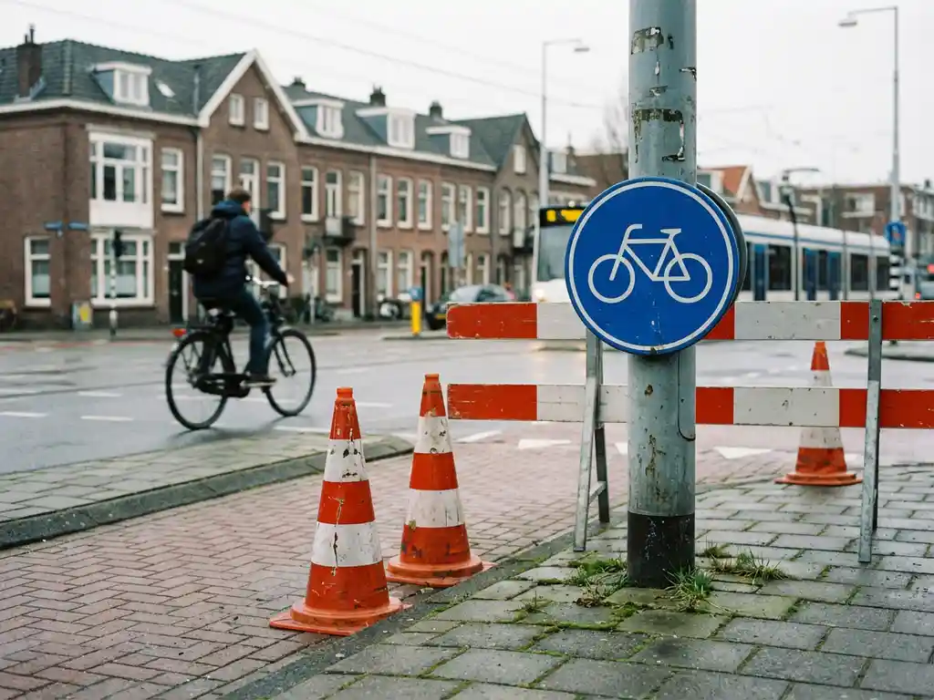 Nederlandse straatkruising met verkeerskegels, blauw fietsbord en constructiebarrières op bakstenen bestrating