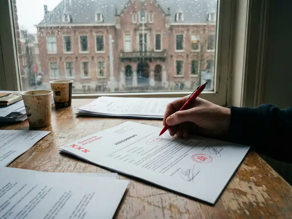 Hand met rode pen controleert Nederlandse vergunningsdocumenten op houten bureau, gemeentehuis op achtergrond