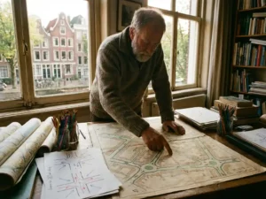Nederlandse verkeerskundige wijst naar plattegrond met fietsroutes en rotondes op bureau vol schetsen en potloden