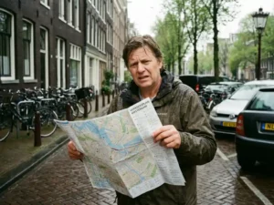 Gefrustreerde persoon houdt verfrommeld verkeersplan vast op Amsterdamse straat met bakstenen gebouwen en fietsen